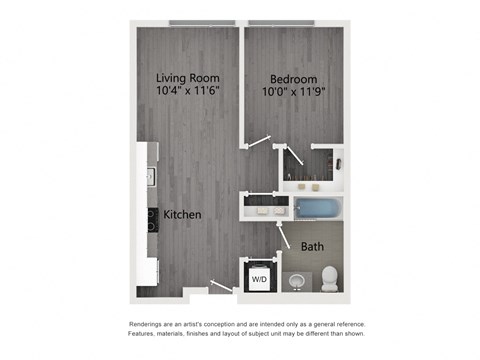 Floor plan for 1 bed, 1 bath, 562 sqft